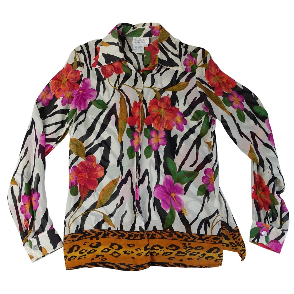 Vintage TESS Blouse Womens S Multicolor Floral Zebra Animal Print Silk Button Up